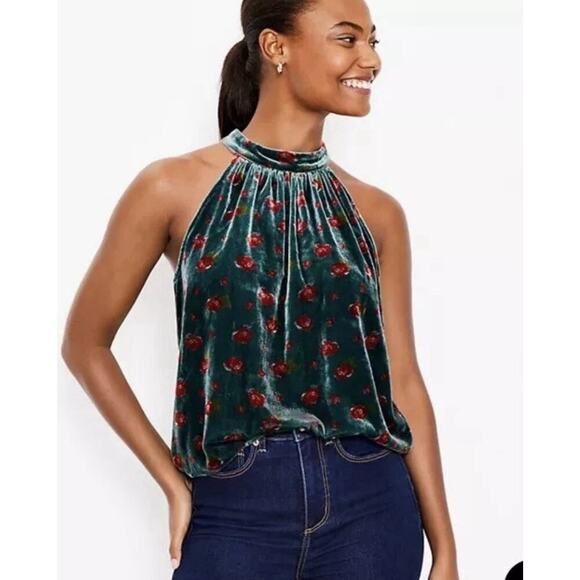 Loft Floral Velvet Shirred Halter Top Women's Medium Green Red Roses - Picture 1 of 10